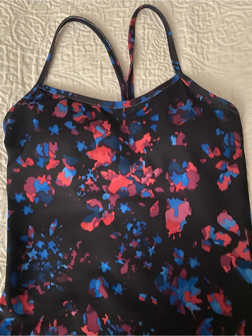 lululemon athletica Black Strappy Tank with Pink and Blue Abstract Print